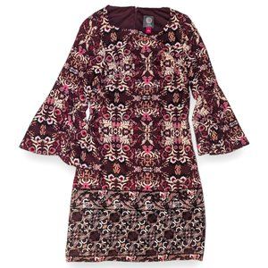 Vince Camuto Autumn Maroon Red Brown Floral Flare Lined Stretch Knit Dress sz 2